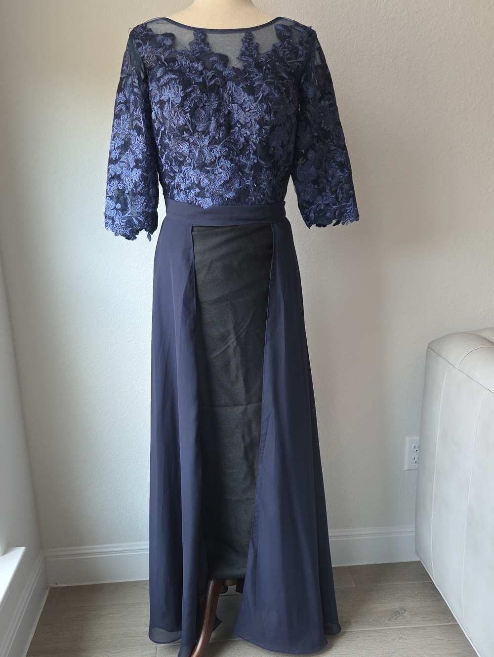 Elegant Navy Blue Lace Chiffon Dress Top With Maxi Skirt Long Sheer Skirt Cover